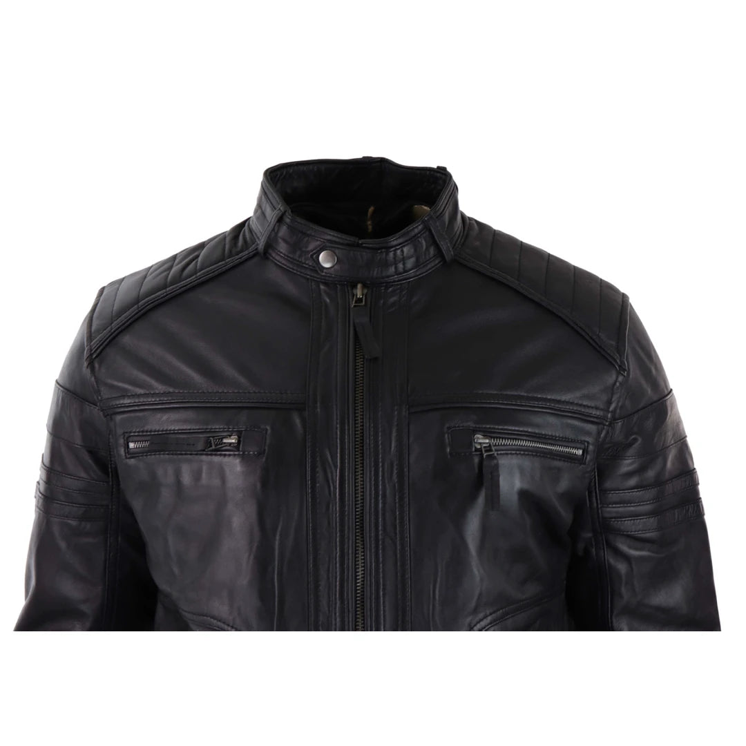 Mens Black Brown Vintage Biker Real Leather Jacket Distressed Zipped Casual-TruClothing