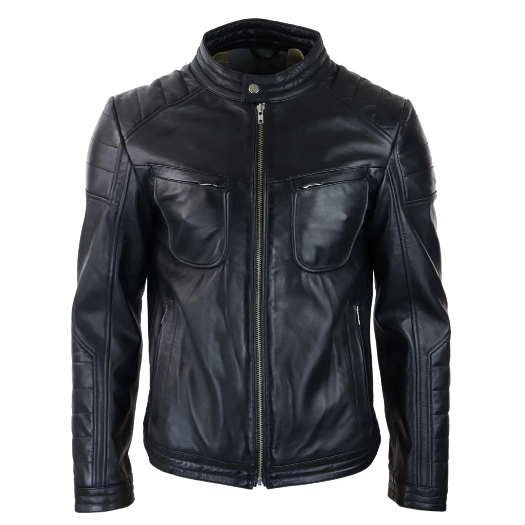 Mens Black Leather Biker Club Jacket-TruClothing