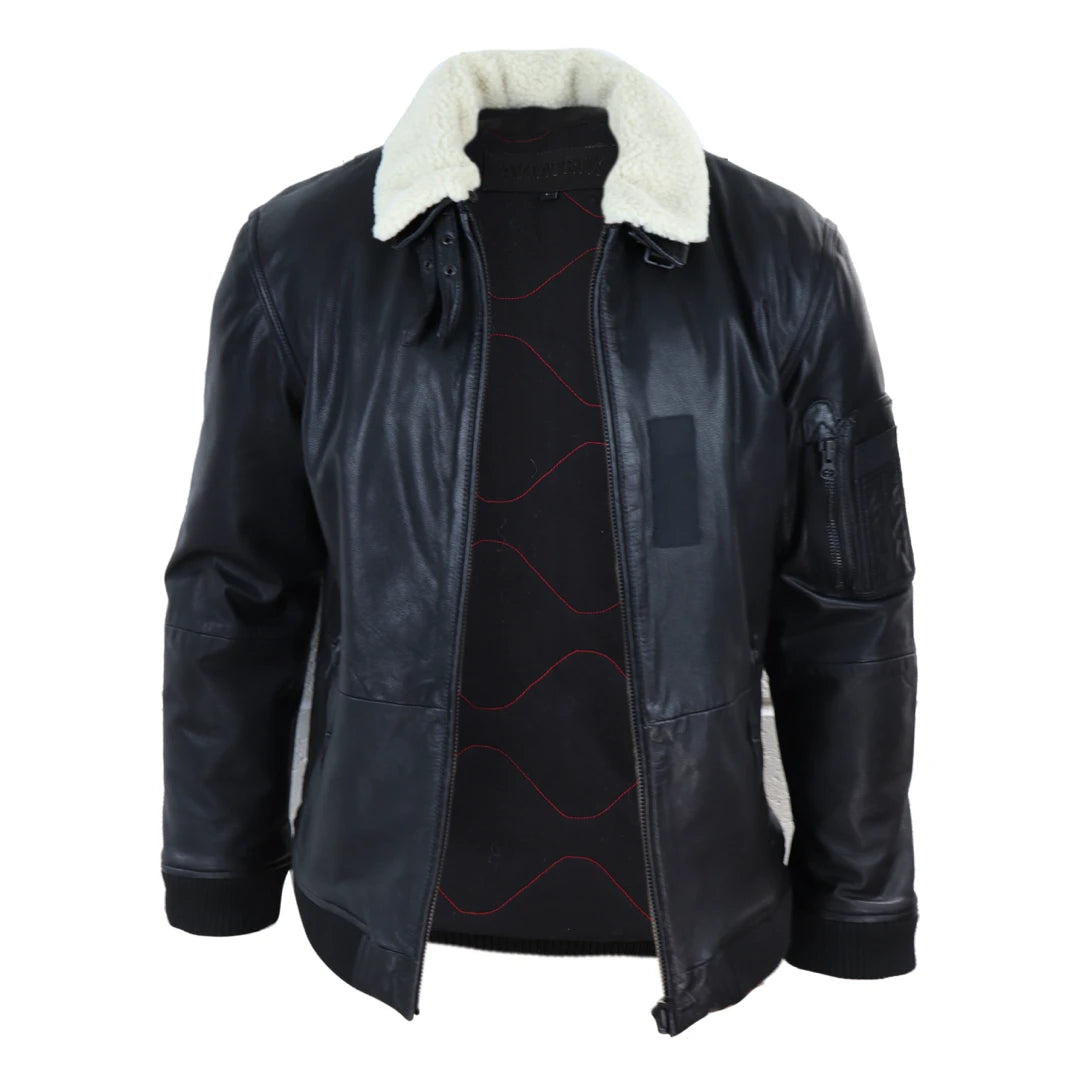 Men's Black Leather Bomber Jacket with White Collar-TruClothing