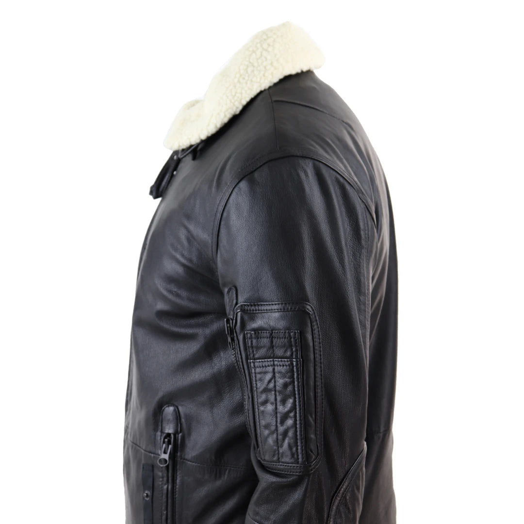 Men's Black Leather Bomber Jacket with White Collar-TruClothing