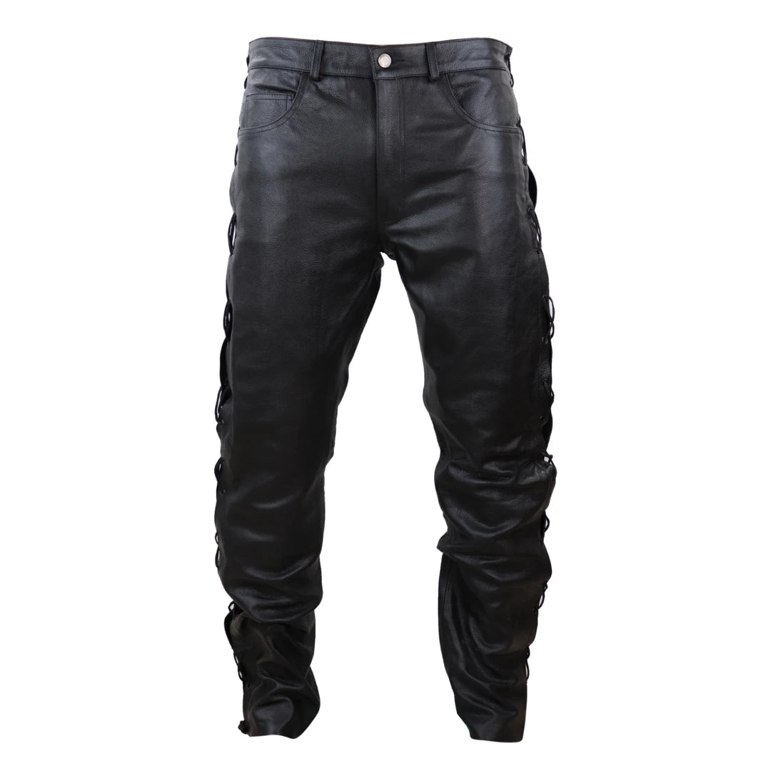 Mens Black Leather Laced Riding Pants-TruClothing