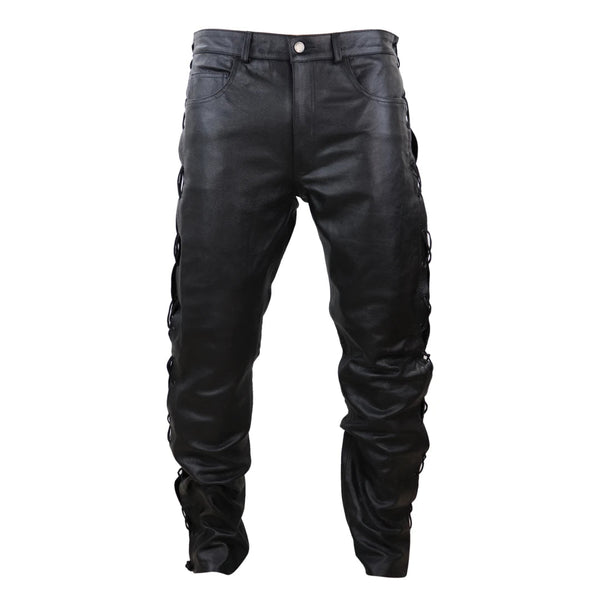 Mens Motorcycle Leather Jeans Pants Biker trouser Cow Plain Leather White  Stitch
