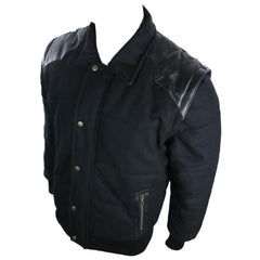 Men's Black Leather Shoulder Patches Bomber Jacket with Removable Sleeves-TruClothing