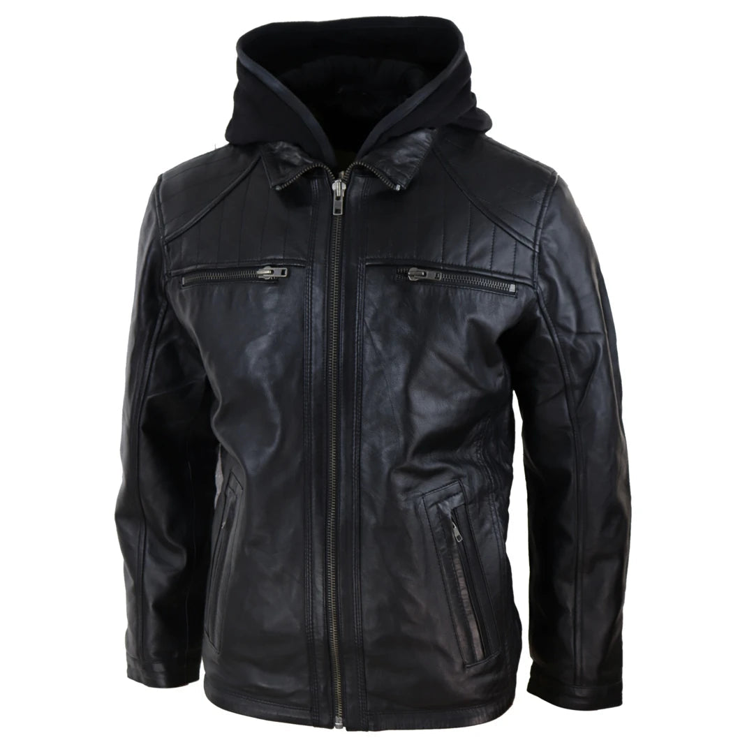 Mens Black Nappa Leather Jacket with Removable Hood-TruClothing