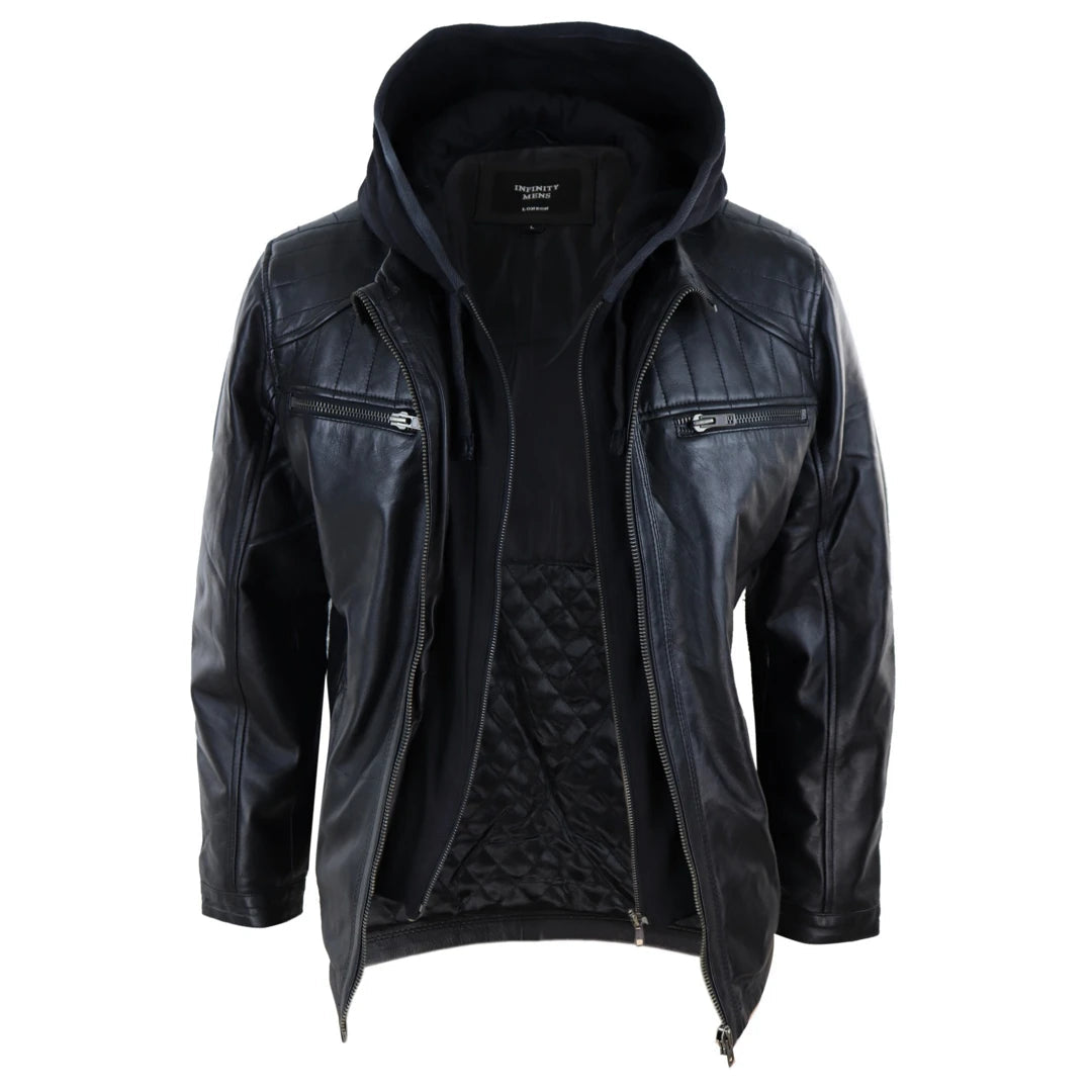Mens leather jacket with hoodie insert sales