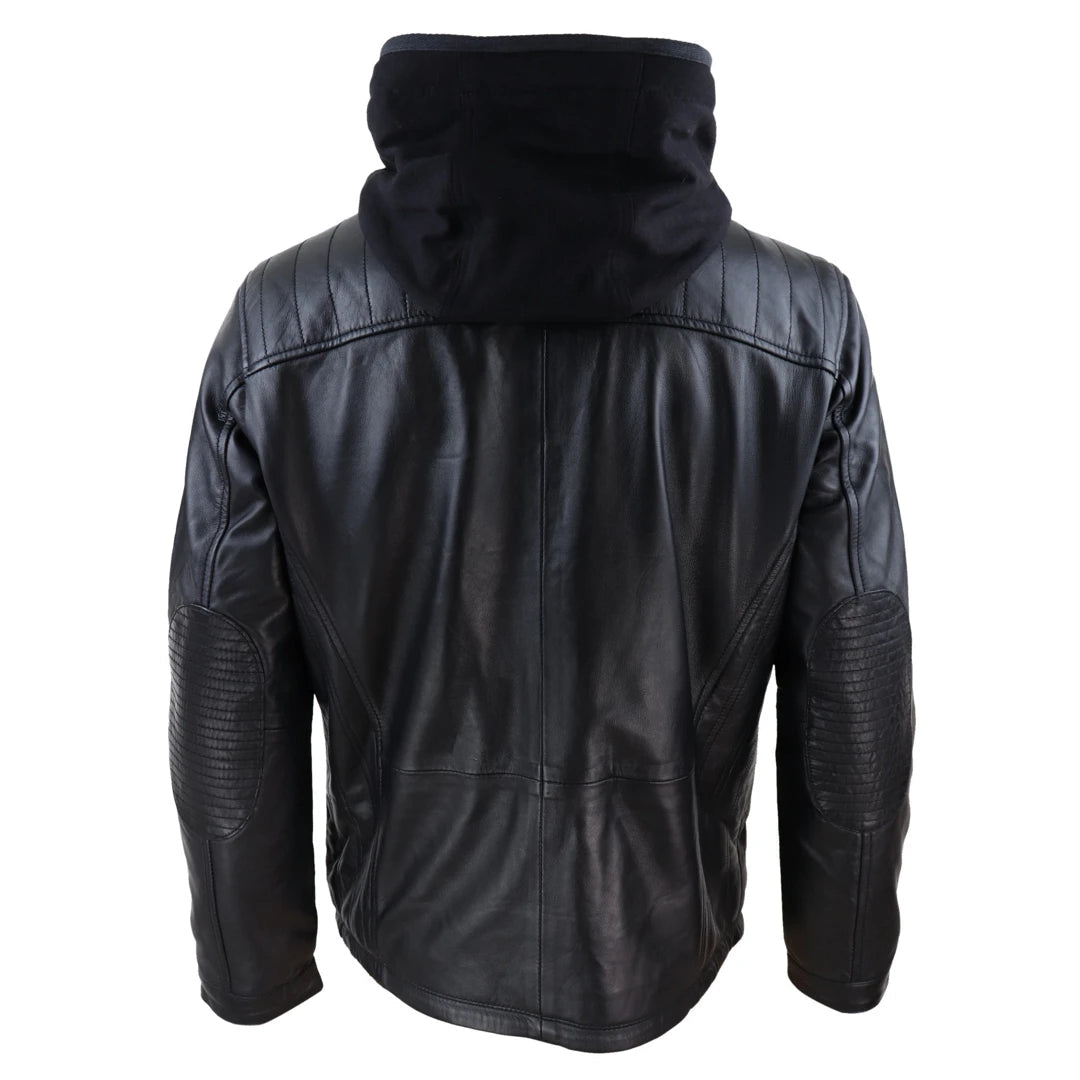Mens Black Nappa Leather Jacket with Removable Hood-TruClothing