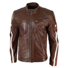 Mens Black Navy Brown Real Leather Racing Jacket Stripe Sleeves Moto Biker-TruClothing