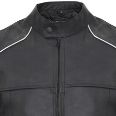 Mens Black Padded Biker Leather Jacket with White Trim-TruClothing