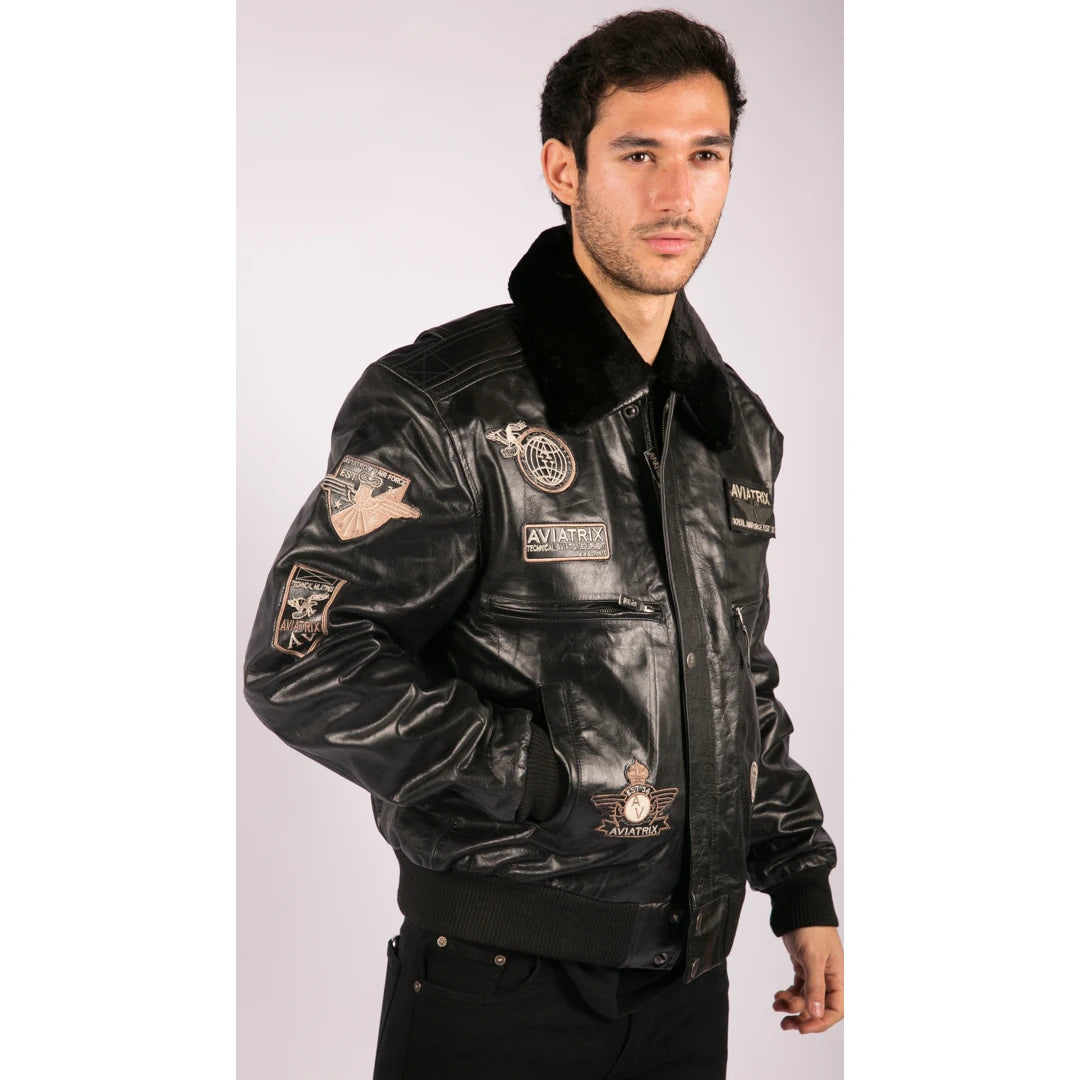 Men s Black Leather Jacket Bomber Aviator TruClothing