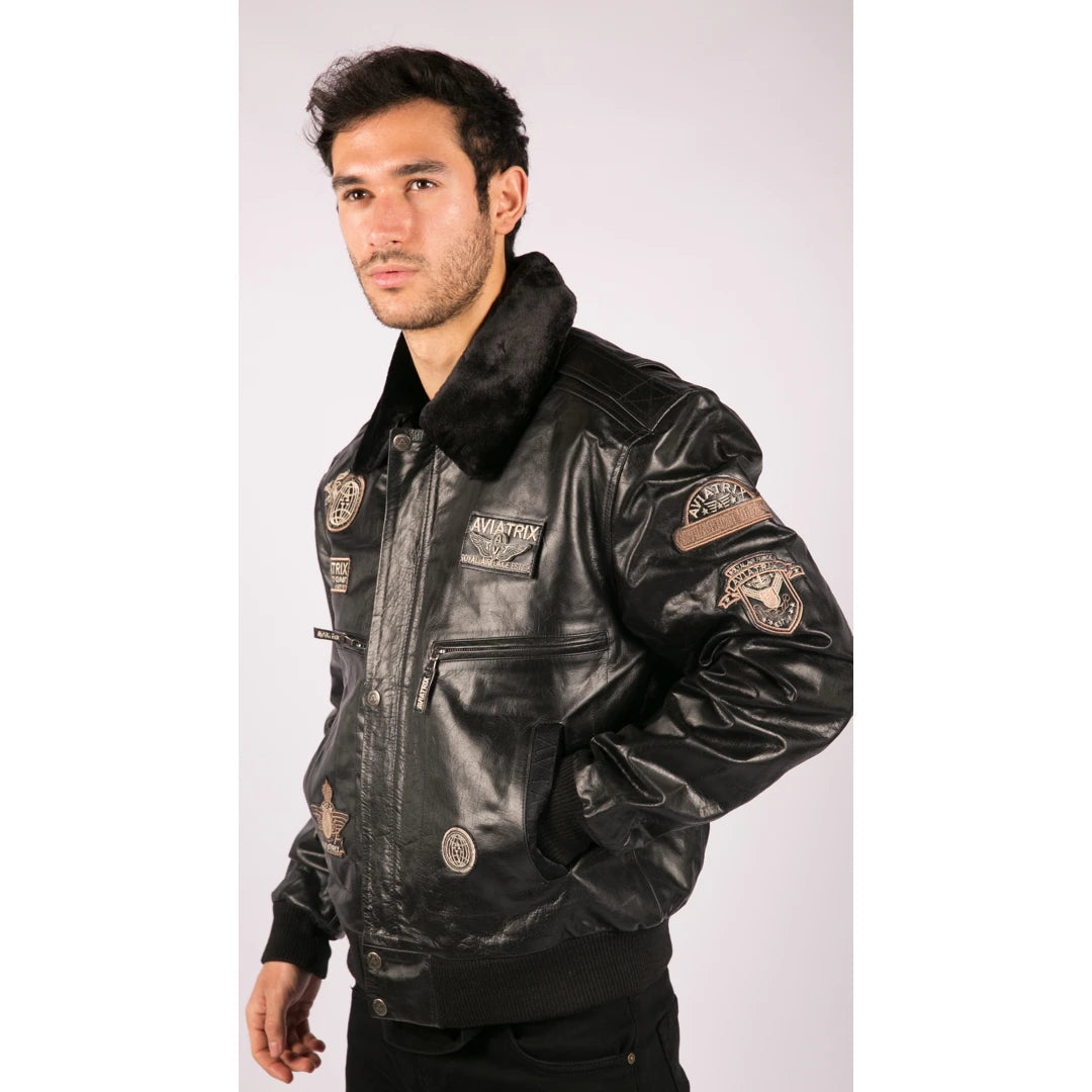 Men s Black Leather Jacket Bomber Aviator TruClothing