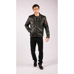 Mens Black Real Leather Bomber Jacket Red Stripes Quilted Slim Fit Casual-TruClothing