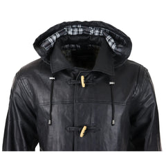 Mens Black Real Leather Duffle Jacket Coat Toggle Classic Fisherman Hooded 3/4-TruClothing