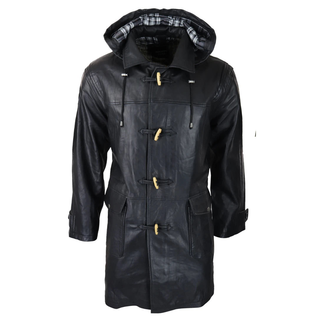 Mens Black Real Leather Duffle Jacket Coat Toggle Classic Fisherman Hooded 3/4-TruClothing