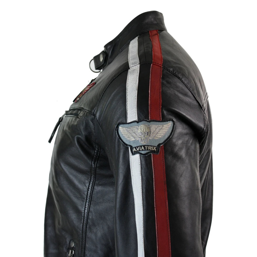 Mens Black Real Leather Racing Biker Jacket Zipped Short Red White Stripes Badge-TruClothing