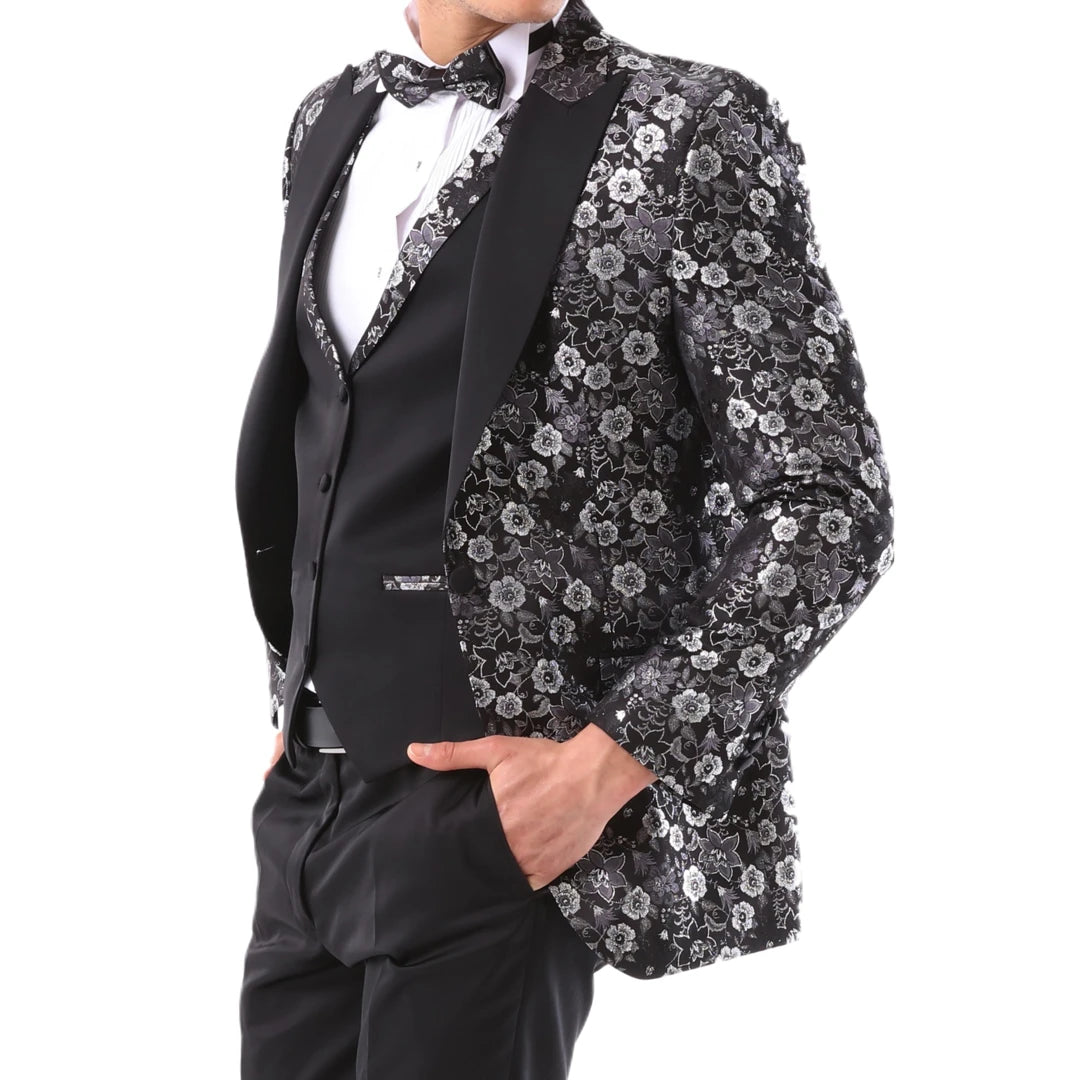 Men's Black Silver Paisley Tuxedo Suit 3 Piece Prom – TruClothing