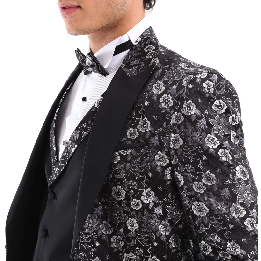 Mens Black Silver Paisley Tuxedo Suit 3 Piece Wedding Prom Party Grooms Tailored-TruClothing