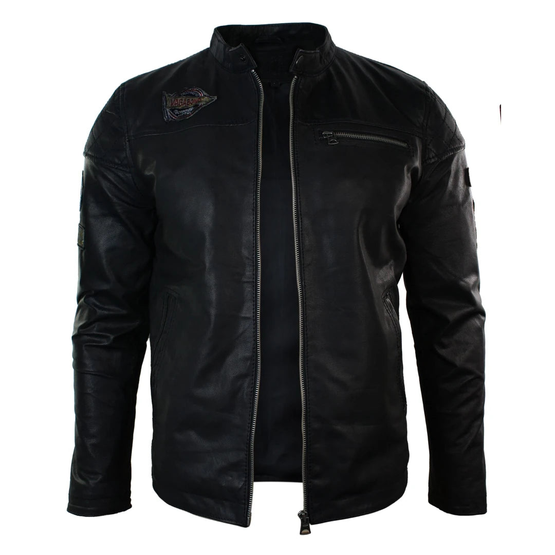Mens Black Slim Fit Retro Vintage Casual Real Leather Biker Style Jacket Badges-TruClothing