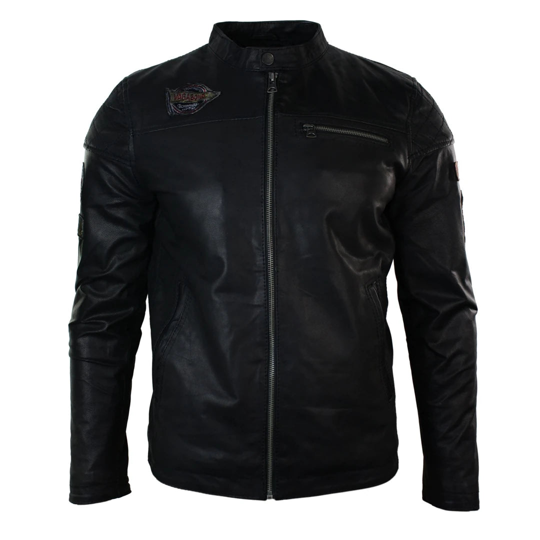 Mens Black Slim Fit Retro Vintage Casual Real Leather Biker Style Jacket Badges-TruClothing