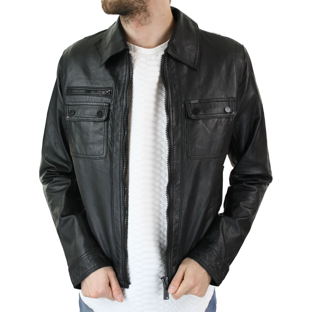 Mens Black Vintage Classic Slim Fit Real Leather Short Jacket Retro-TruClothing