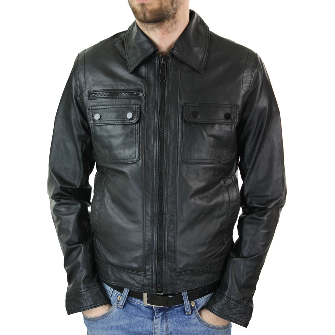 Mens vintage black leather jacket hot sale