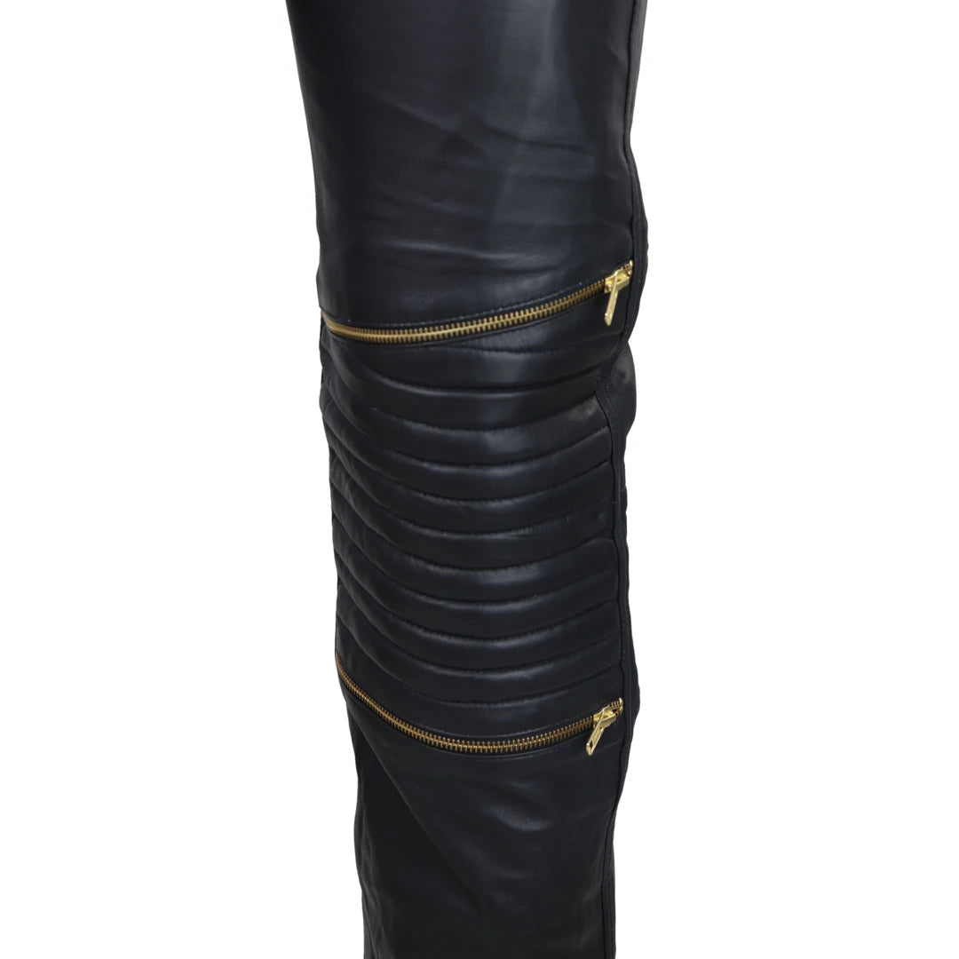 Men s Black White Real Leather Jeans with Gold Zips TruClothing