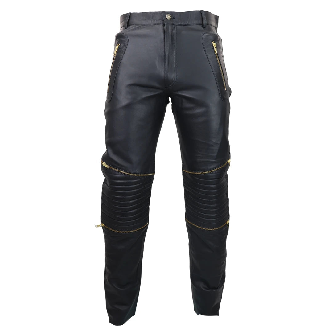 Men's Black White Real Leather Jeans with Gold Zips – TruClothing