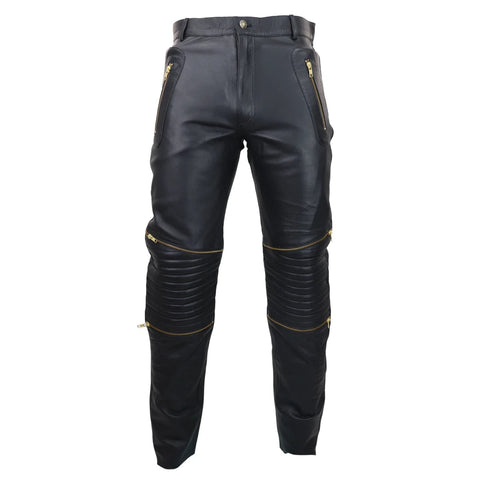 Men s Black White Leather Jeans Gold Zips Classic Goth Punk