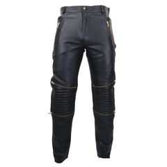 Mens Black White Real Leather Jeans Gold Zips Retro Classic Vintage Goth Punk-TruClothing