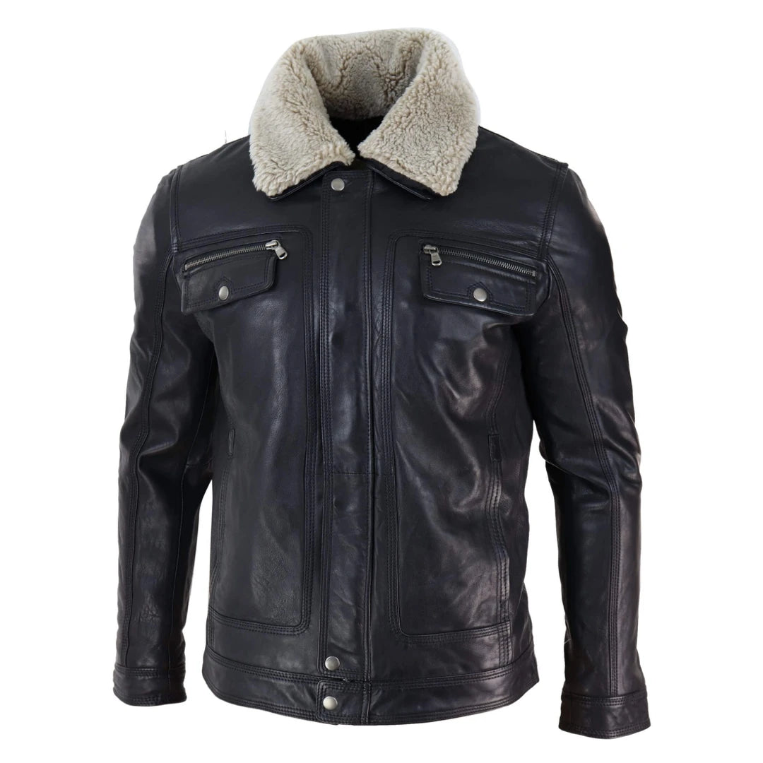 Mens Black brown Real Leather Jacket Sheepskin Collar Short Zip Button-TruClothing