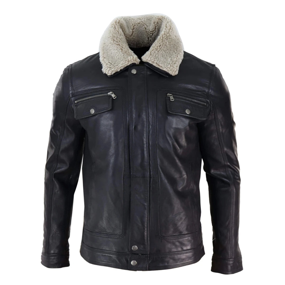 Mens Black brown Real Leather Jacket Sheepskin Collar Short Zip Button-TruClothing