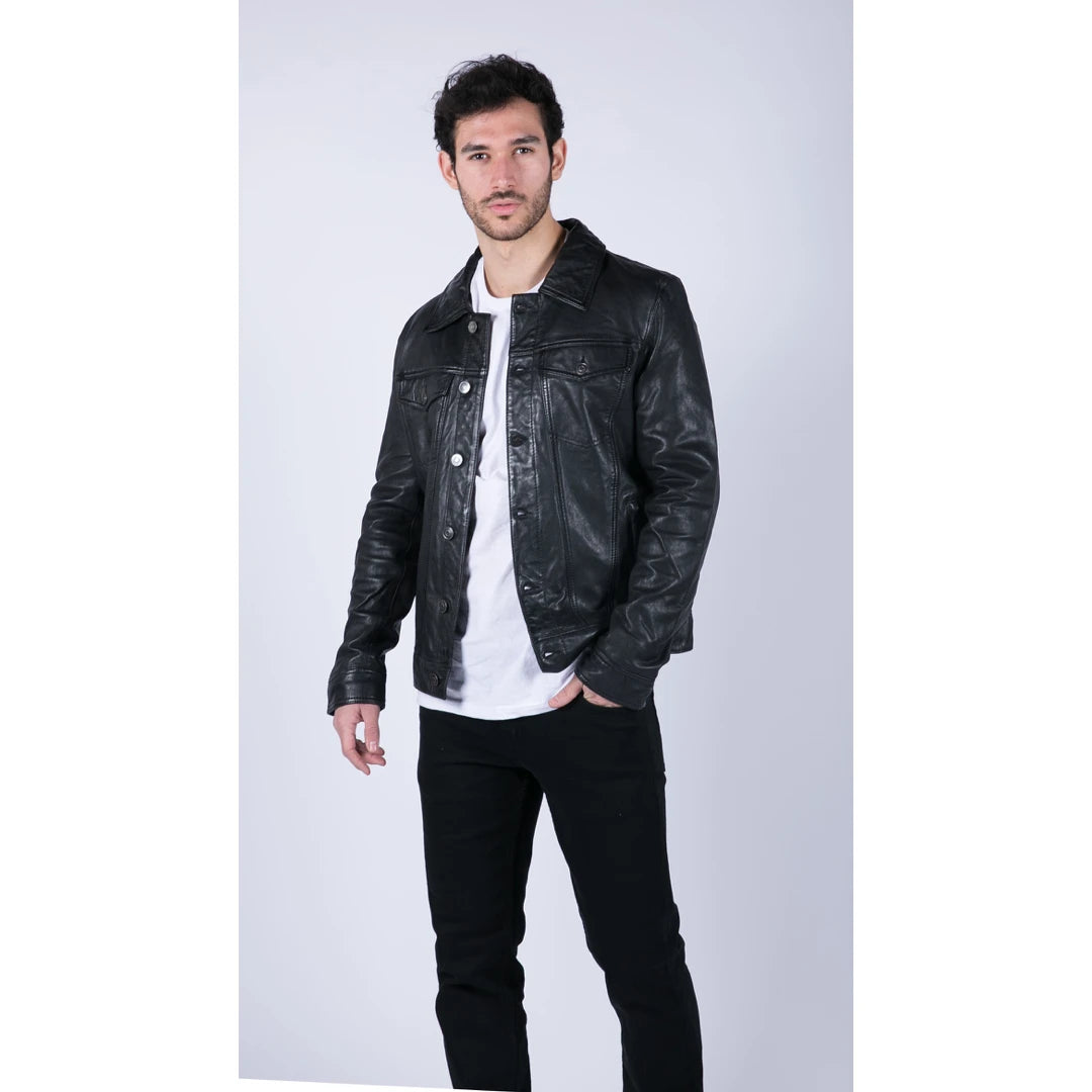 Mens Black real Leather Vintage Soft Jacket Short Jeans Style Classic Stud-TruClothing