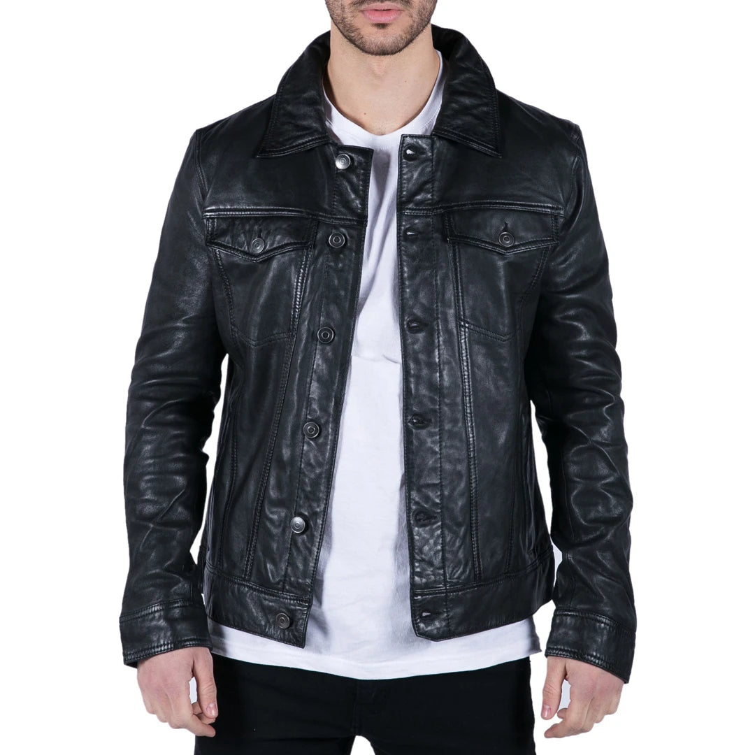 Mens Black real Leather Vintage Soft Jacket Short Jeans Style Classic Stud-TruClothing