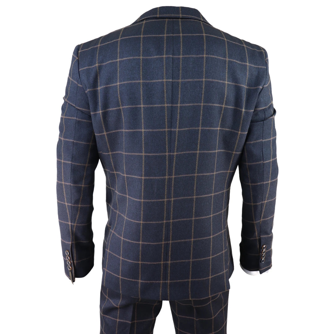 Mens Blue 3 Piece Suit Tan Check Classic Wedding Prom Peaky Tweed Vintage-TruClothing