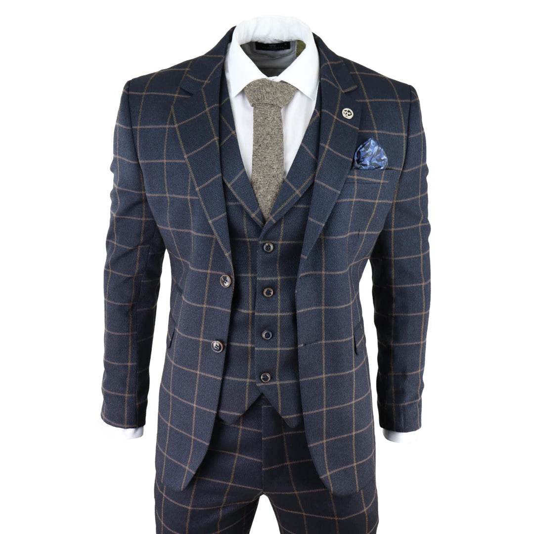 Mens Blue 3 Piece Suit Tan Check Classic Wedding Prom Peaky Tweed Vintage-TruClothing