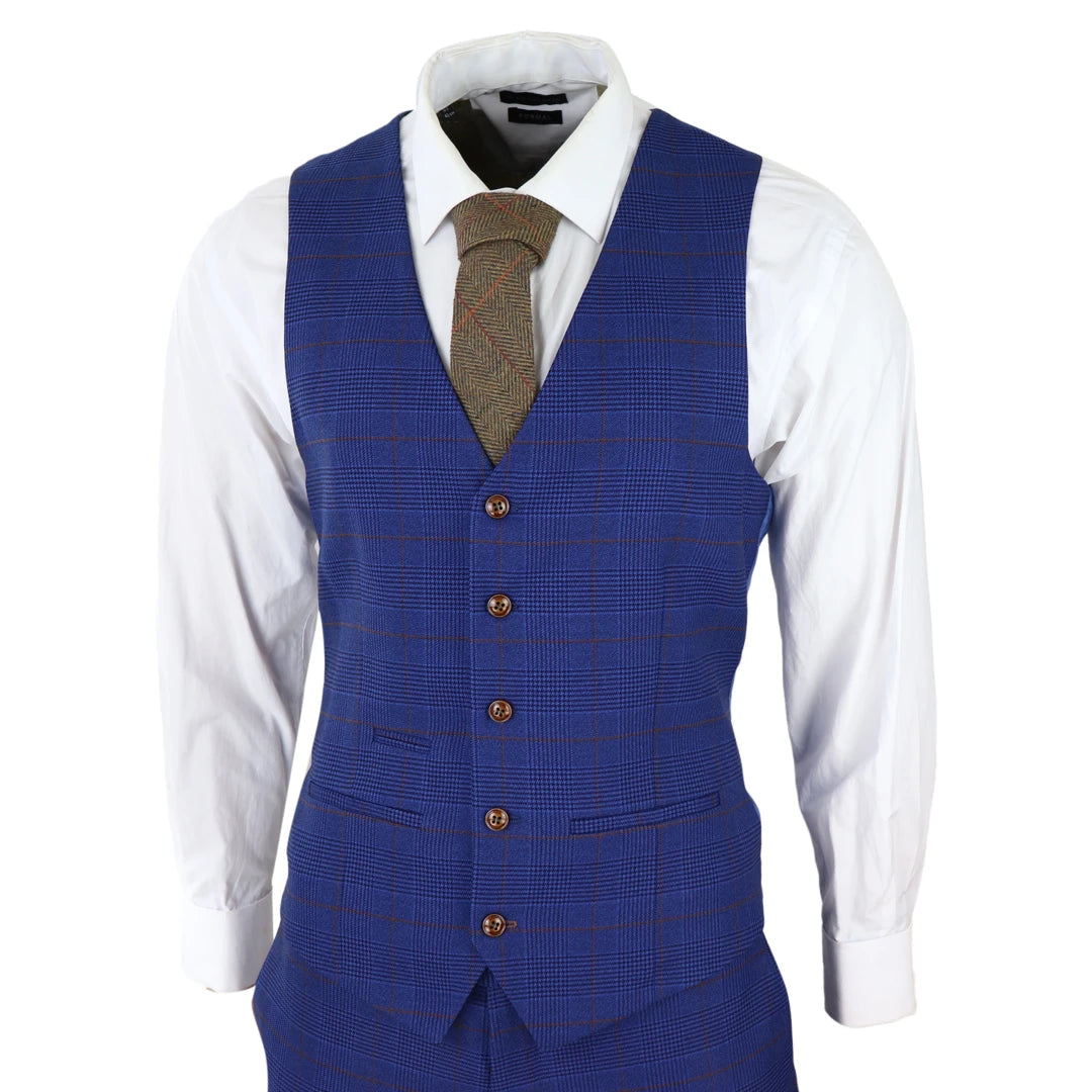 Mens Blue Brown Check 3 Piece Suit Tailored Fit Wedding Prom Races Prince Of Wales-TruClothing