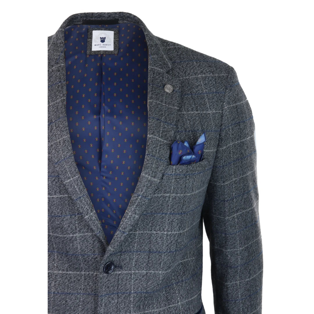 Mens Blue Check Blazer Herringbone Tweed Vintage Tailored Fit Grey Velvet-TruClothing