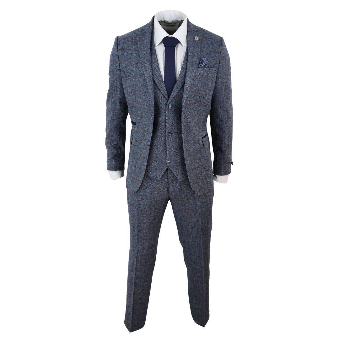 STZ43 - Pantalones de chaleco de blazer de tweed masculina Verifique la lana de lana azul de 1920s Classic