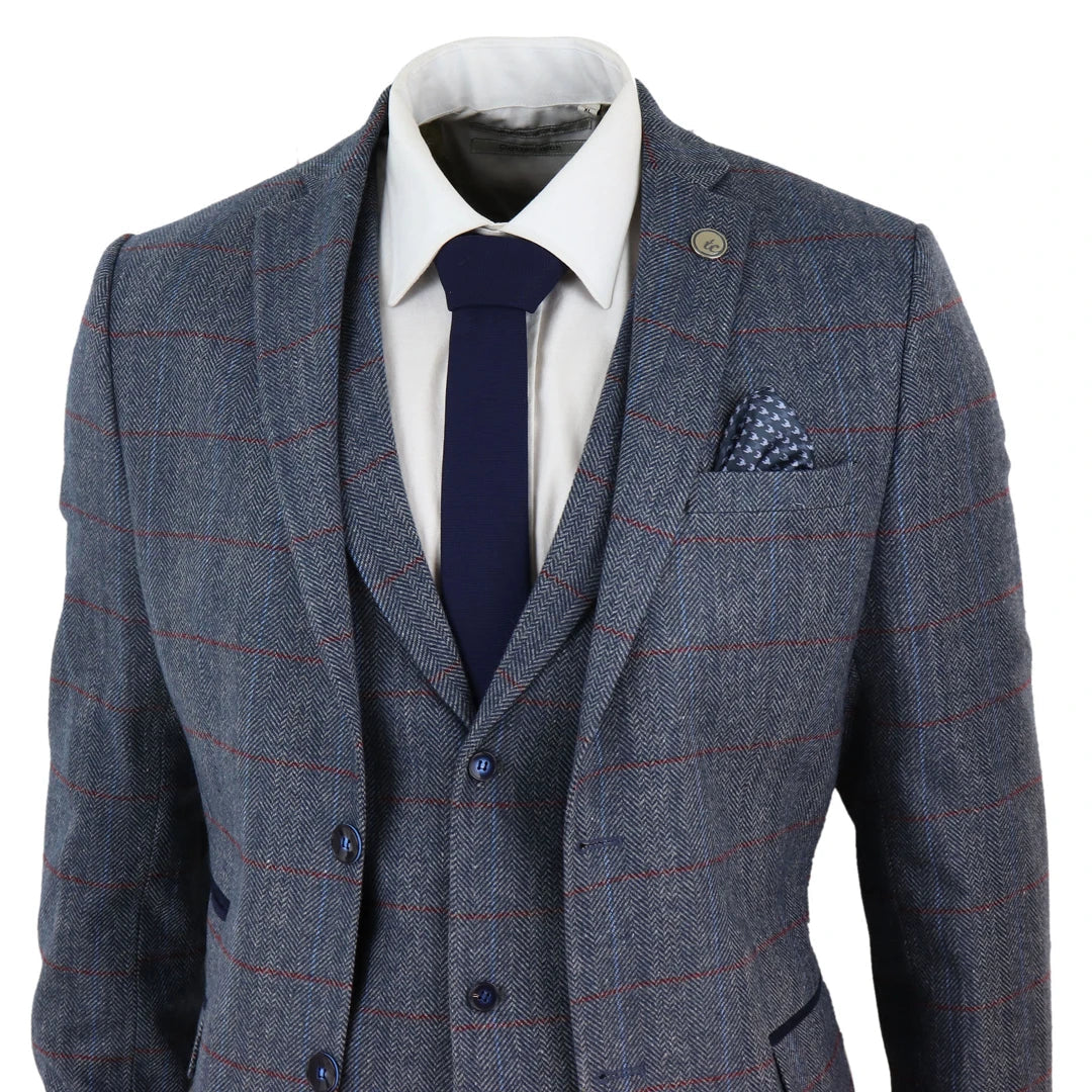 stz43 - Men's Tweed Blazer Waistcoat Trousers Check Wool Light Blue 1920s Classic