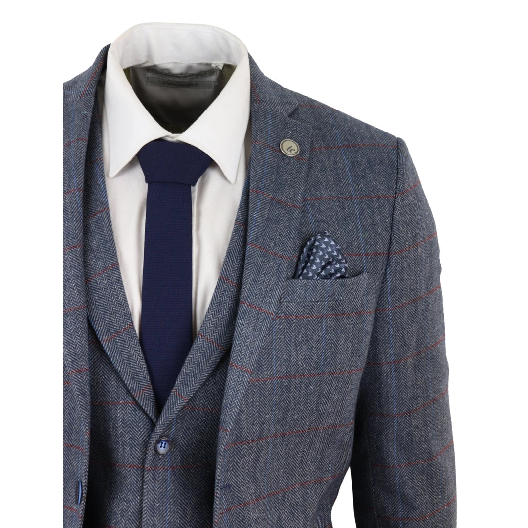 stz43 - Men's Tweed Blazer Waistcoat Trousers Check Wool Light Blue 1920s Classic