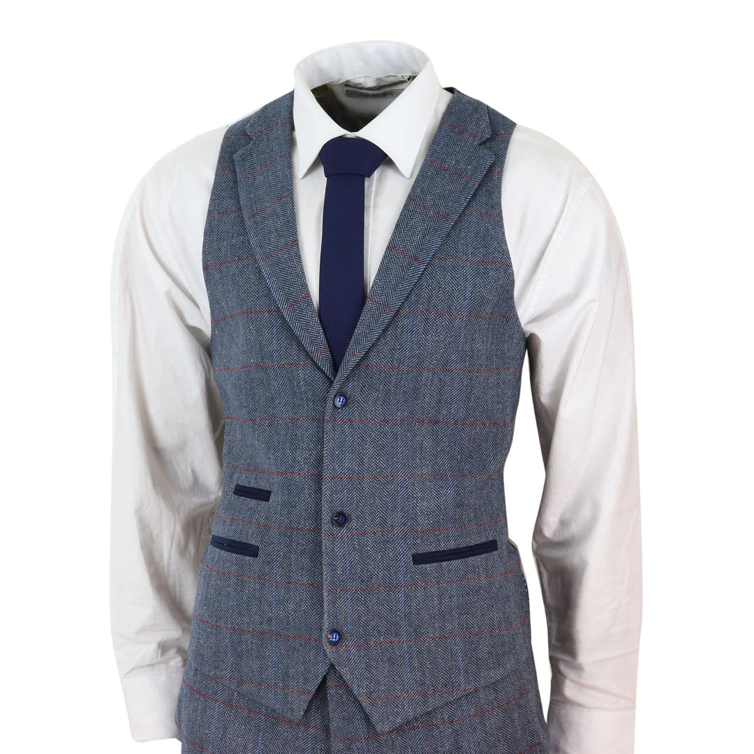 STZ43 - Pantalones de chaleco de blazer de tweed masculina Verifique la lana de lana azul de 1920s Classic