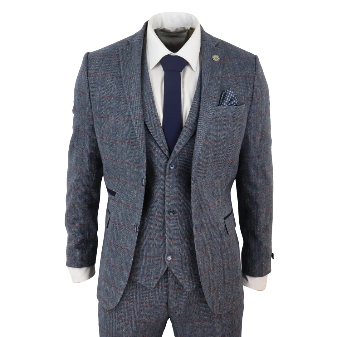TruClothing Men's 3 Piece Tweed Suit Check Wool Blue 1920s