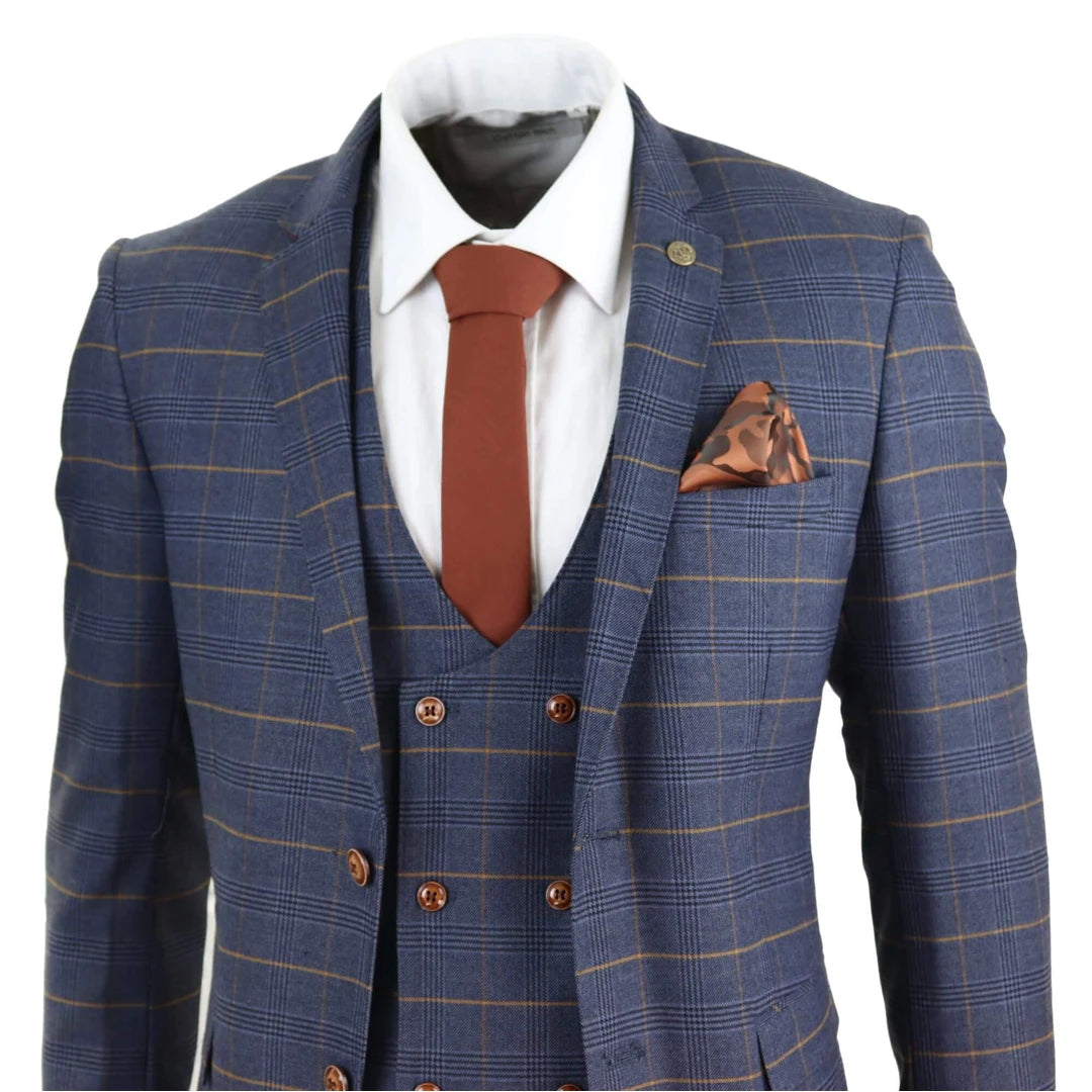Men's Blue Check Suit with Double Breasted Waistcoat-TruClothing