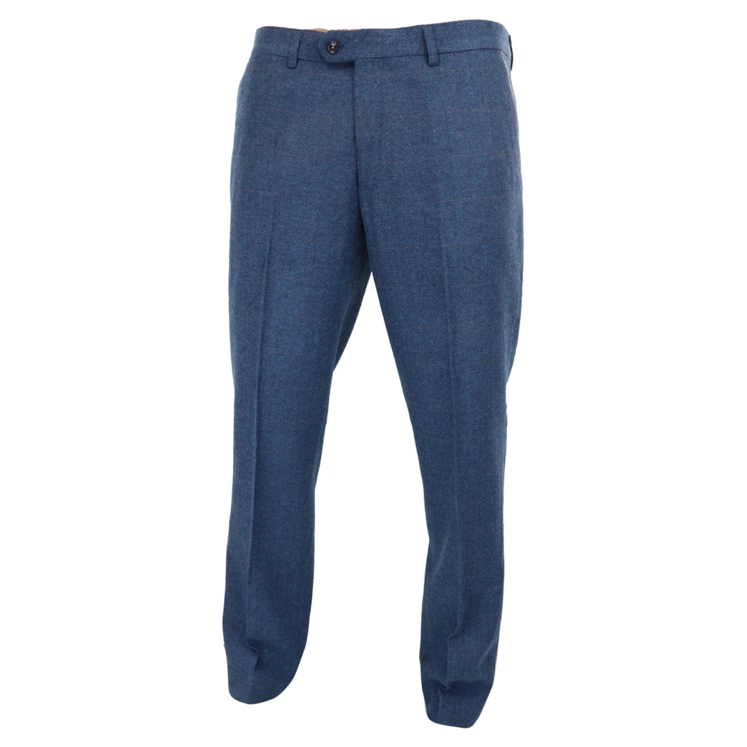 Mens Blue Trousers Herringbone Tweed Check Vintage Tailored Fit Suit-TruClothing