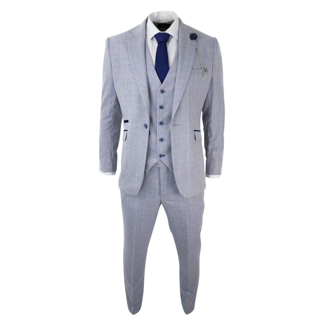 Mens Boys 3 Piece Check Suit Tweed Light Blue Tailored Fit Wedding Peaky Classic-TruClothing