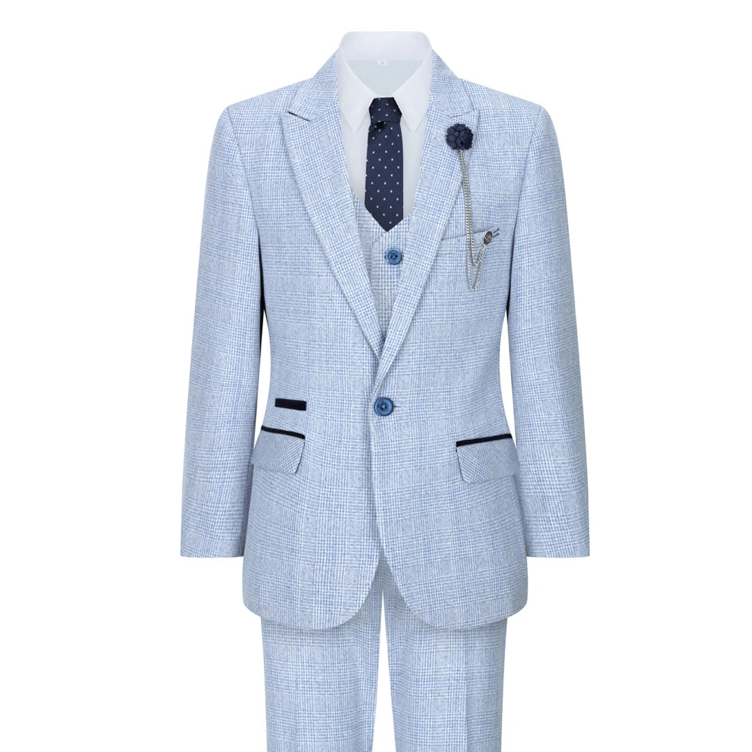 Mens Boys 3 Piece Check Suit Tweed Light Blue Tailored Fit Wedding Peaky Classic-TruClothing