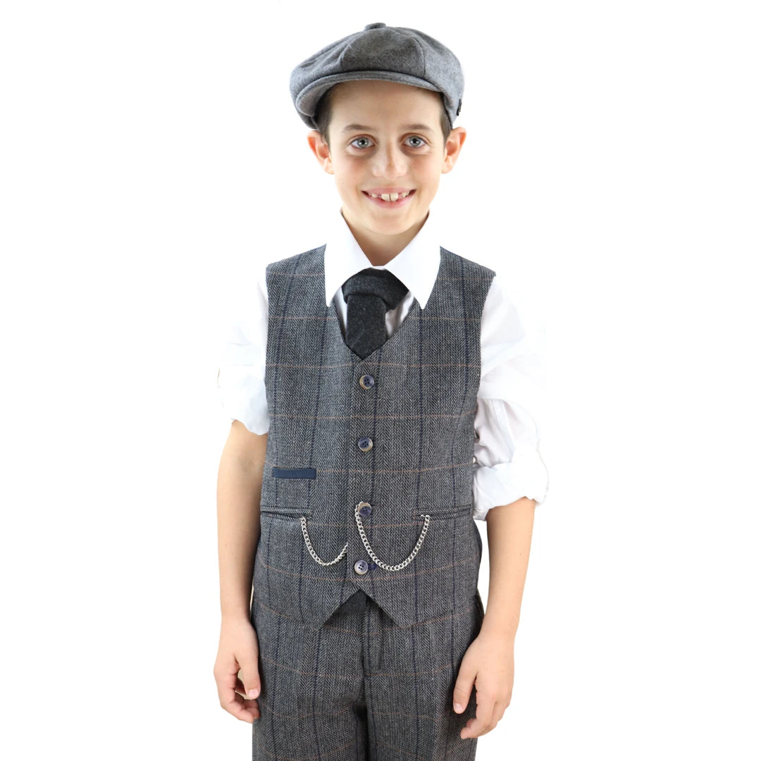 Mens Boys 3 Piece Classic Tweed Herringbone Check Grey Navy Slim Fit Vintage Suit-TruClothing