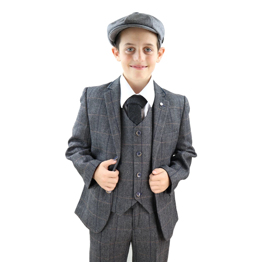 Mens Boys 3 Piece Classic Tweed Herringbone Check Grey Navy Slim Fit Vintage Suit-TruClothing