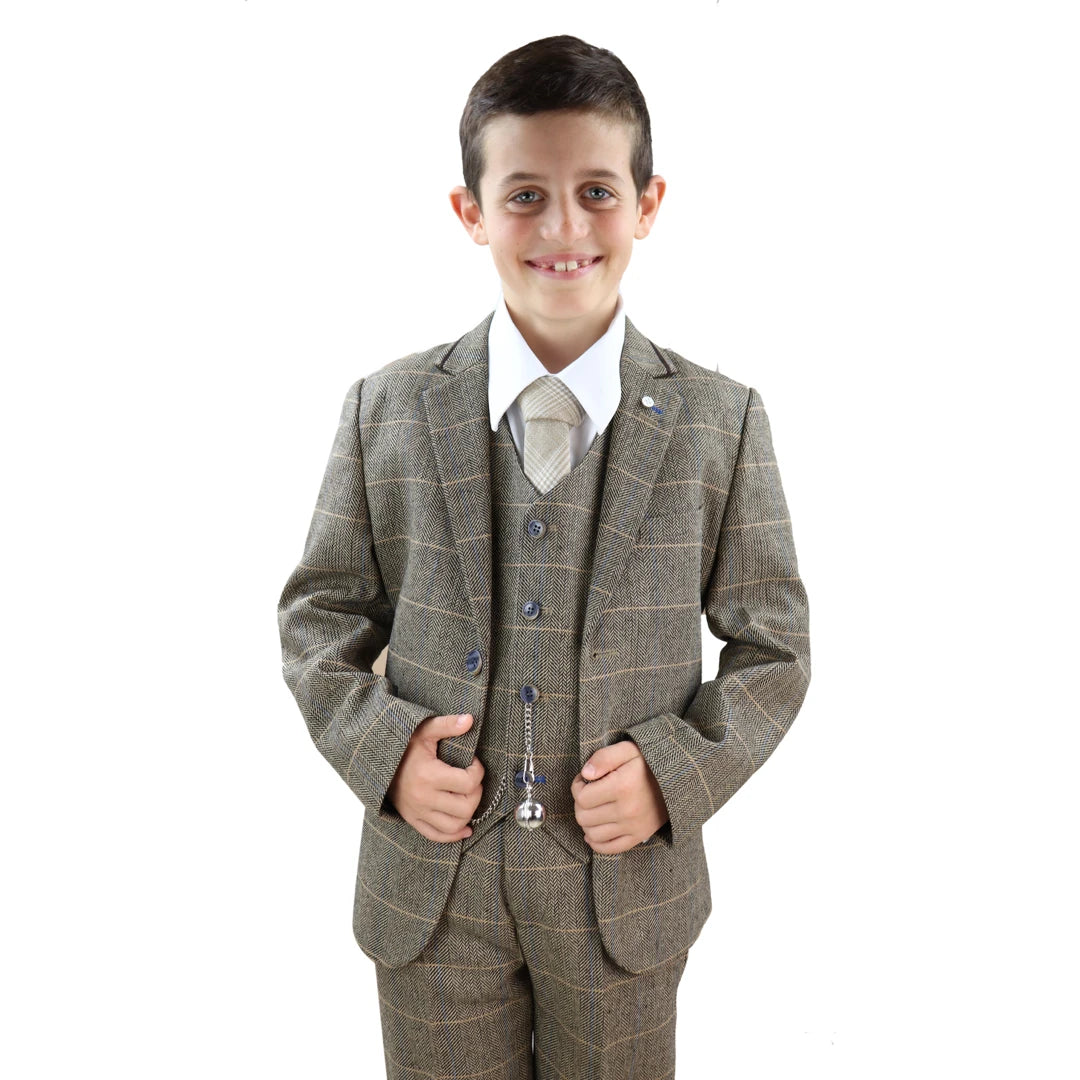 Mens Boys 3 Piece Classic Tweed Herringbone Check Tan Brown Slim Fit Vintage Suit-TruClothing