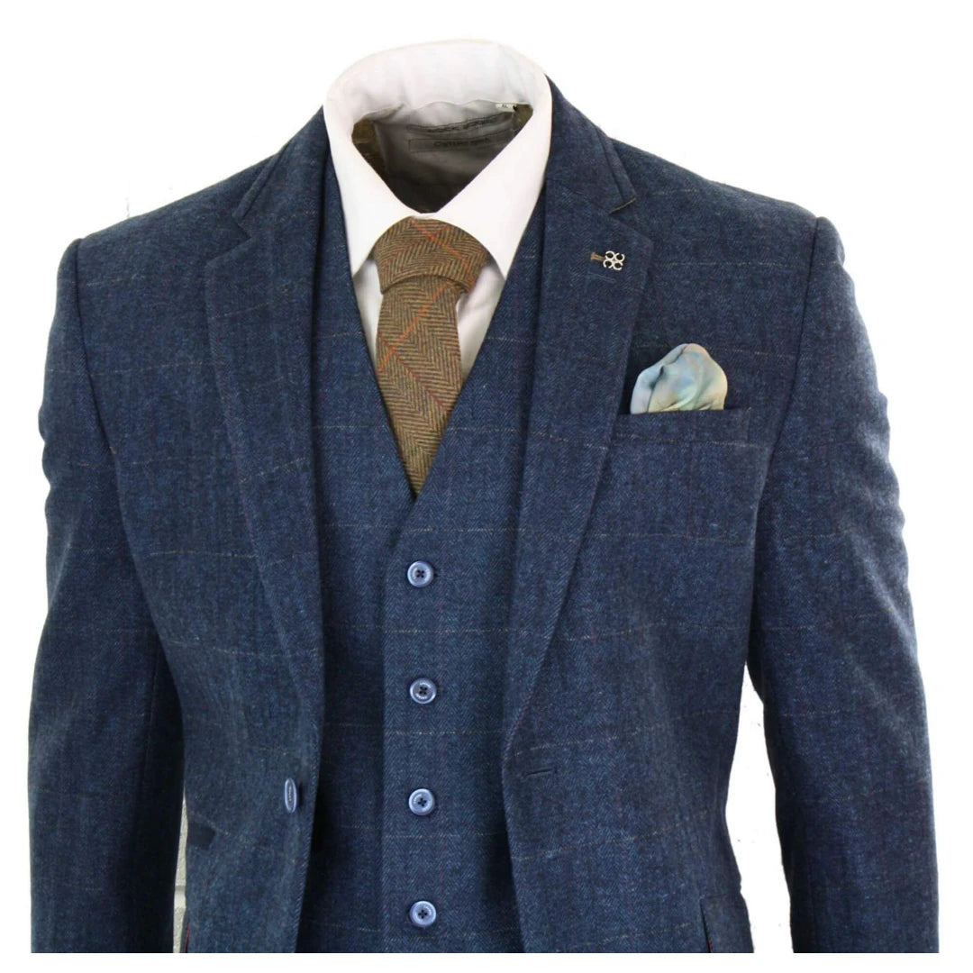 Mens Boys 3 Piece Navy Blue Suit Tweed Check 1920's Tailored Fit Vintage-TruClothing