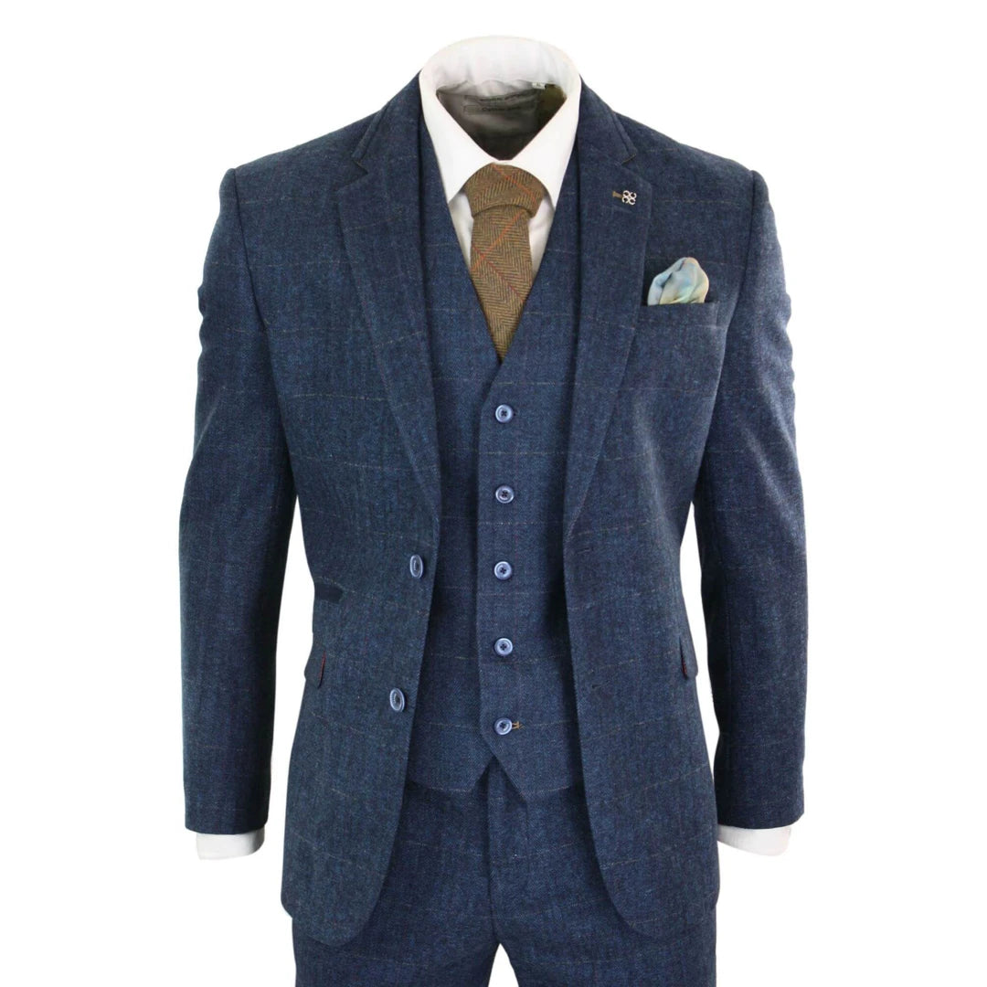 Mens Boys 3 Piece Navy Blue Suit Tweed Check 1920's Tailored Fit Vintage-TruClothing
